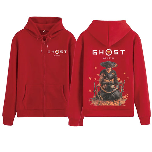 Ghost of Yotei Atsu Red Zipper Hoodie